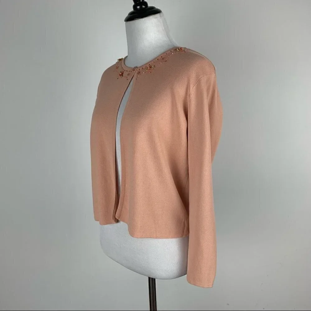 Studio I sweater sz 8 peach knit floral beaded cardigan Grannycore vintage 90s